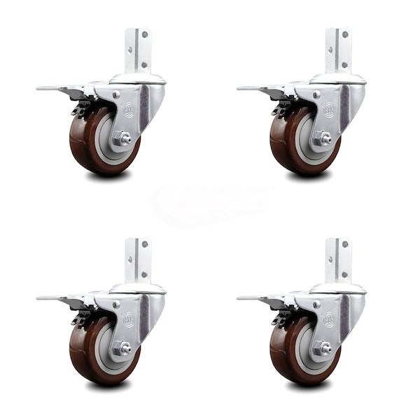 3 Inch Maroon Poly Wheel Swivel 3/4 Inch Square Stem Caster Set Total Lock Brake